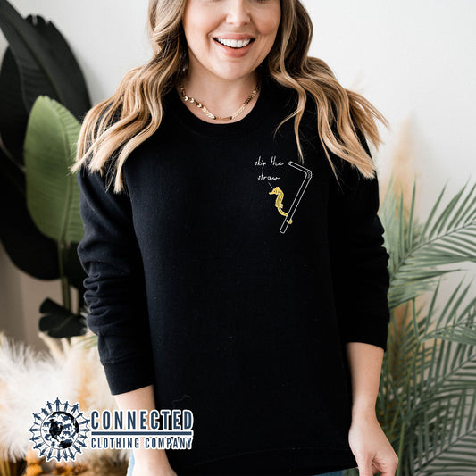 Black Skip The Straw Seahorse Tee (Seahorse holding onto straw while saying skip the straw) - sweetsherriloudesigns - Ethically and Sustainably Made - 10% donated to Mission Blue ocean conservation