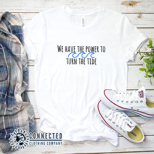 White Turn The Tide Short-Sleeve Tee reads  "We have the power to turn the tide." - architectconstructor - Ethically and Sustainably Made - 10% donated to Mission Blue ocean conservation