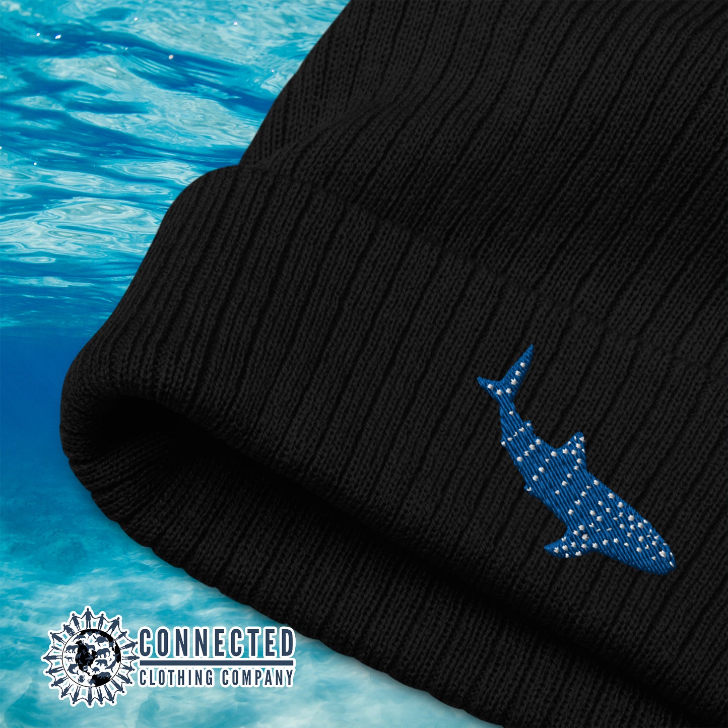 Close Up Of Black Whale Shark Embroidered Recycled Cuffed Beanie - sweetsherriloudesigns - Ethically and Sustainably Made - 10% donated to Mission Blue ocean conservation