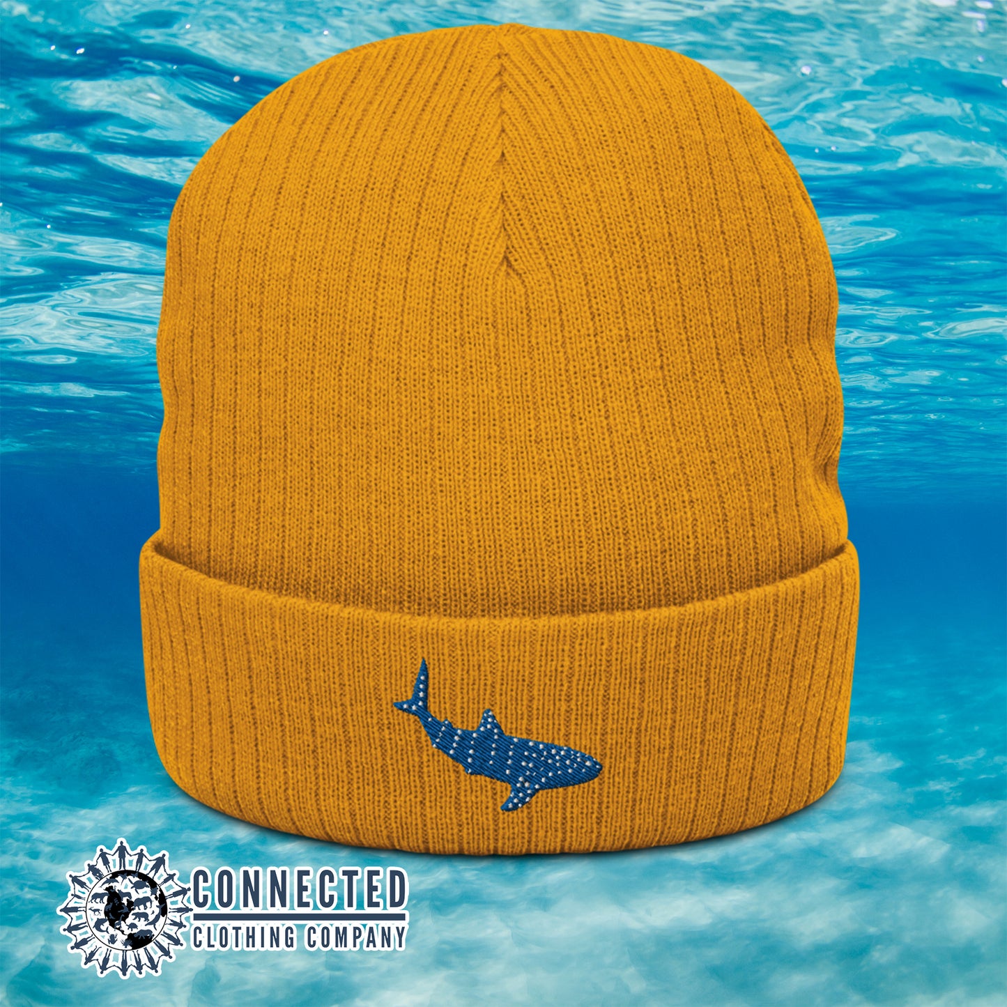 Mustard Whale Shark Embroidered Recycled Cuffed Beanie - sweetsherriloudesigns - Ethically and Sustainably Made - 10% donated to Mission Blue ocean conservation