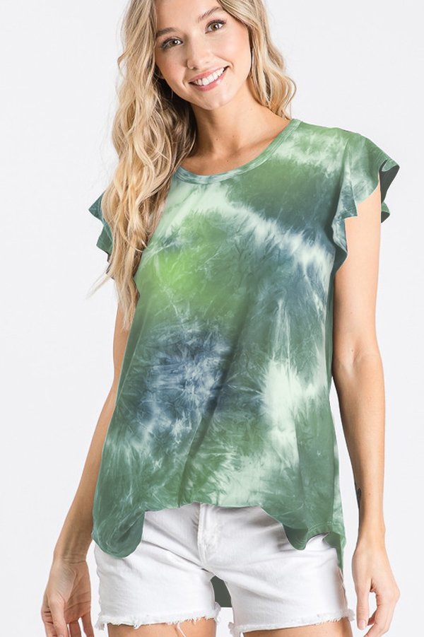 SHORT SLEEVE COLD SHOULDER NEON TIE DYE PRINT TOP WITH STRAP