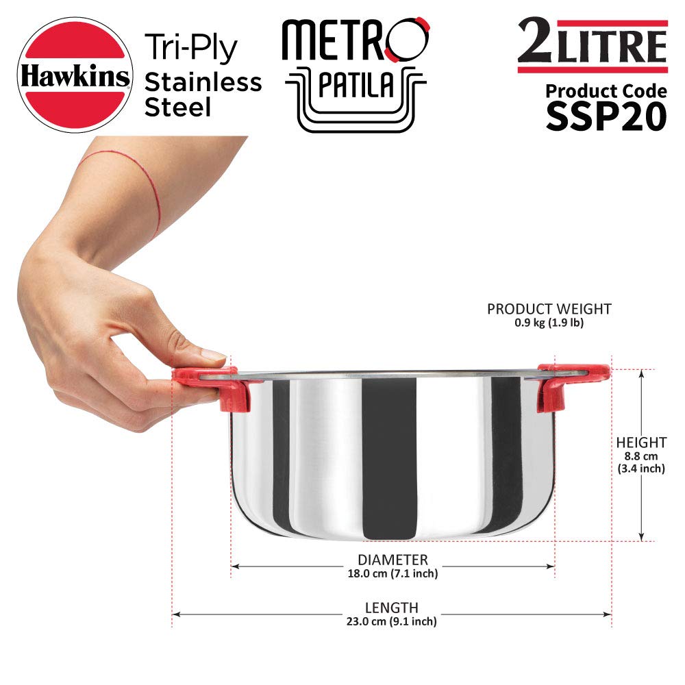 HAWKINS Tri-Ply Stainless Steel Induction Compatible Metro Patila, 2 Litre (SSP20)