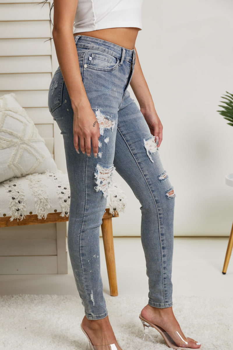 Destroyed Lace Patch Skinny Jeans