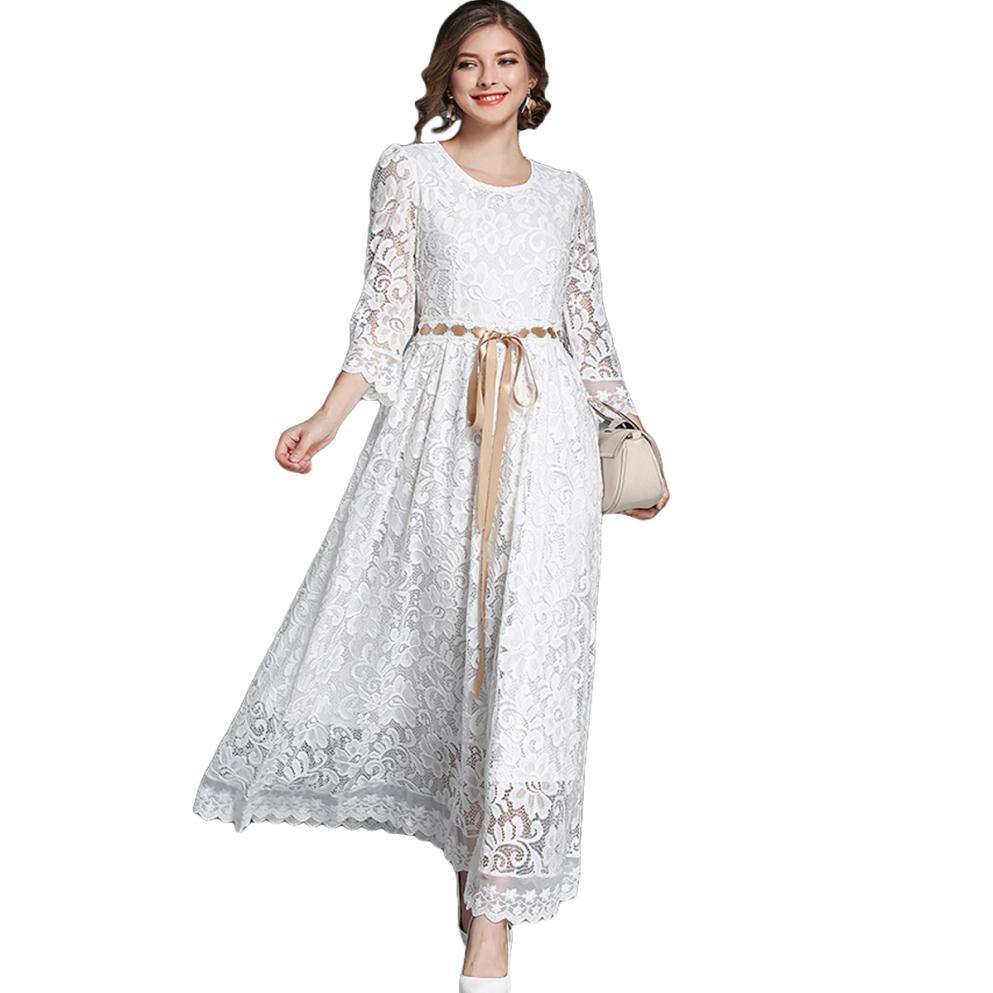 White lace maxi dress with sleeves made china online