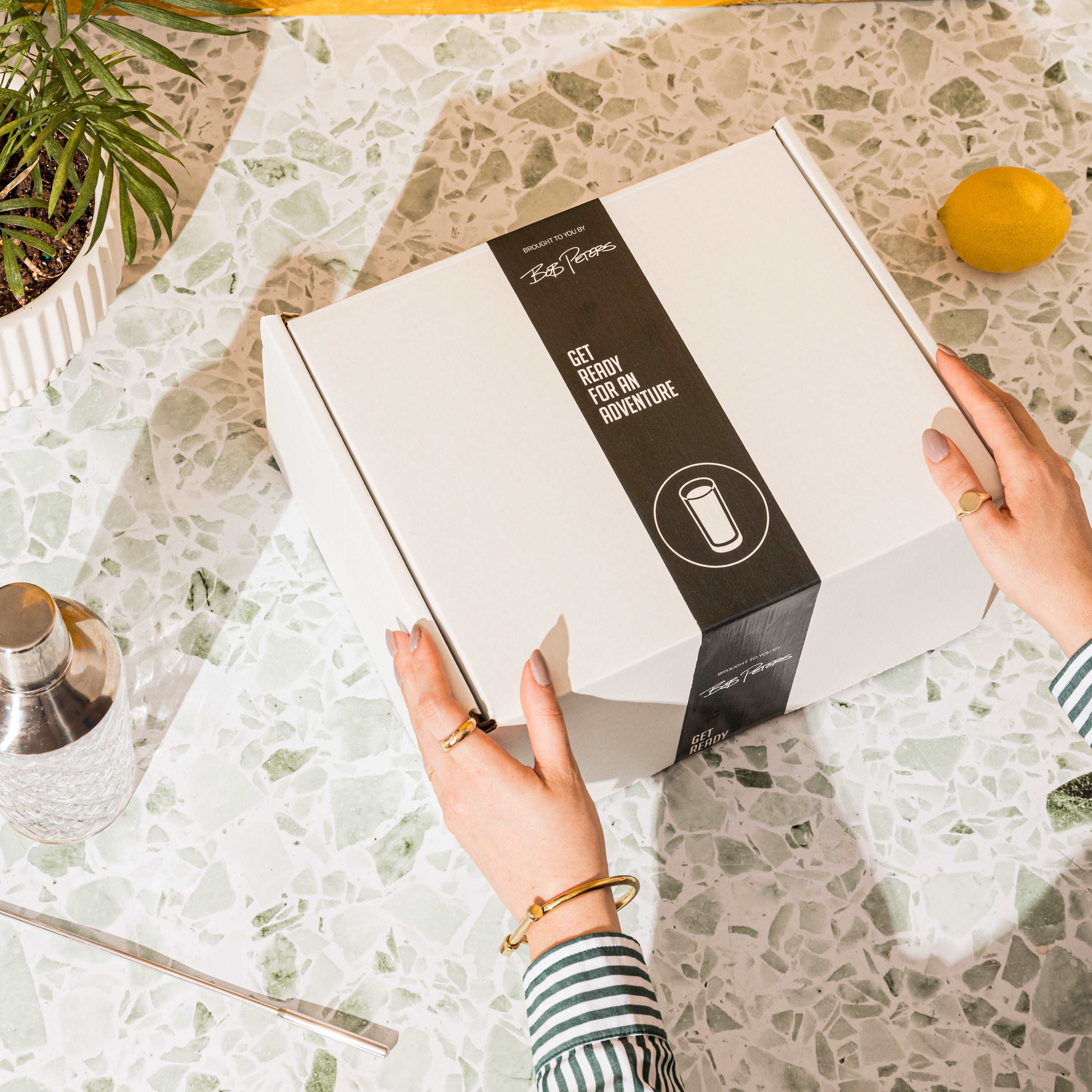 Hands touching a white box with 'Get Ready for an Adventure' text on the table with a plant and lemon nearby.