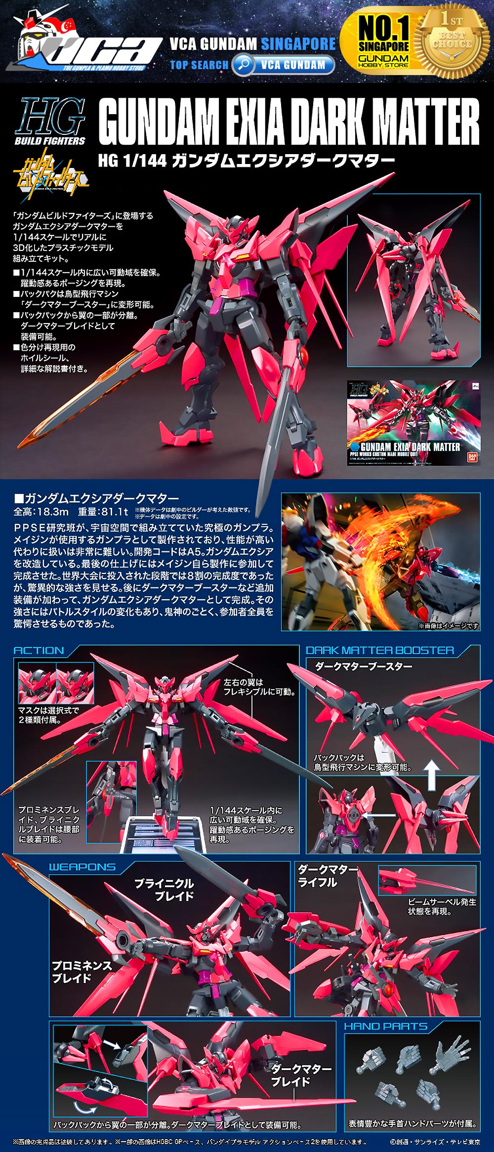 Bandai Gunpla High Grade HG Gundam Exia Dark Matter Specifications