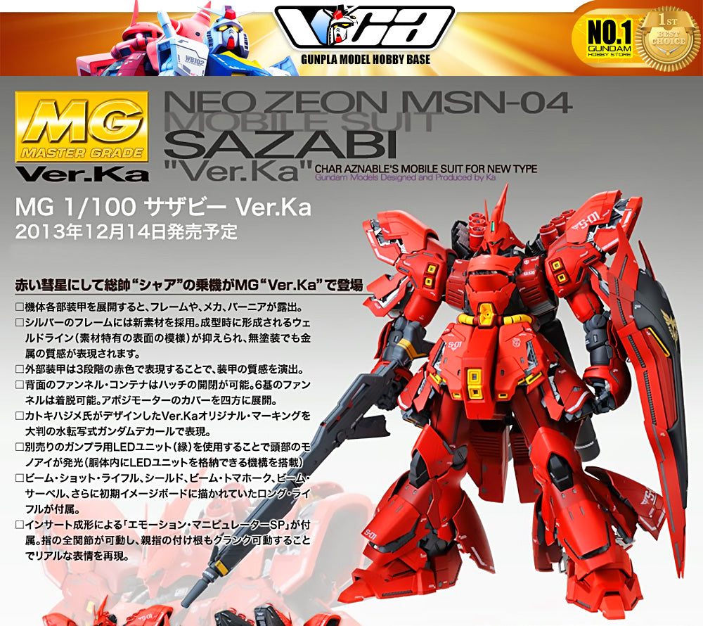 Bandai Gunpla Master Grade 1/100 MG Sazabi Ver Ka Plastic Model Toy VCA Gundam Singapore