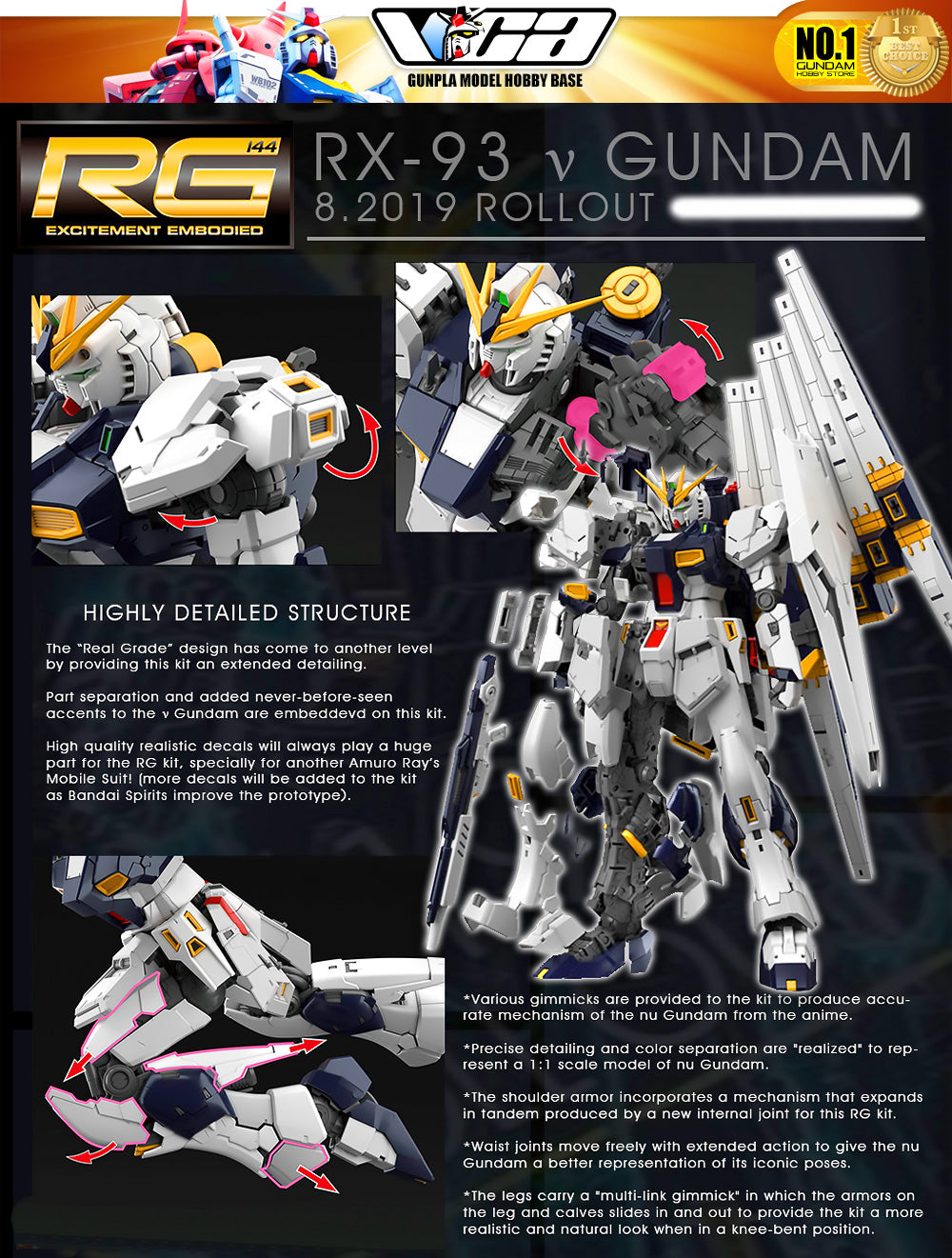 Bandai Gunpla Real Grade 1/144 RG RX-93 Nu 高达塑料模型玩具 VCA 新加坡