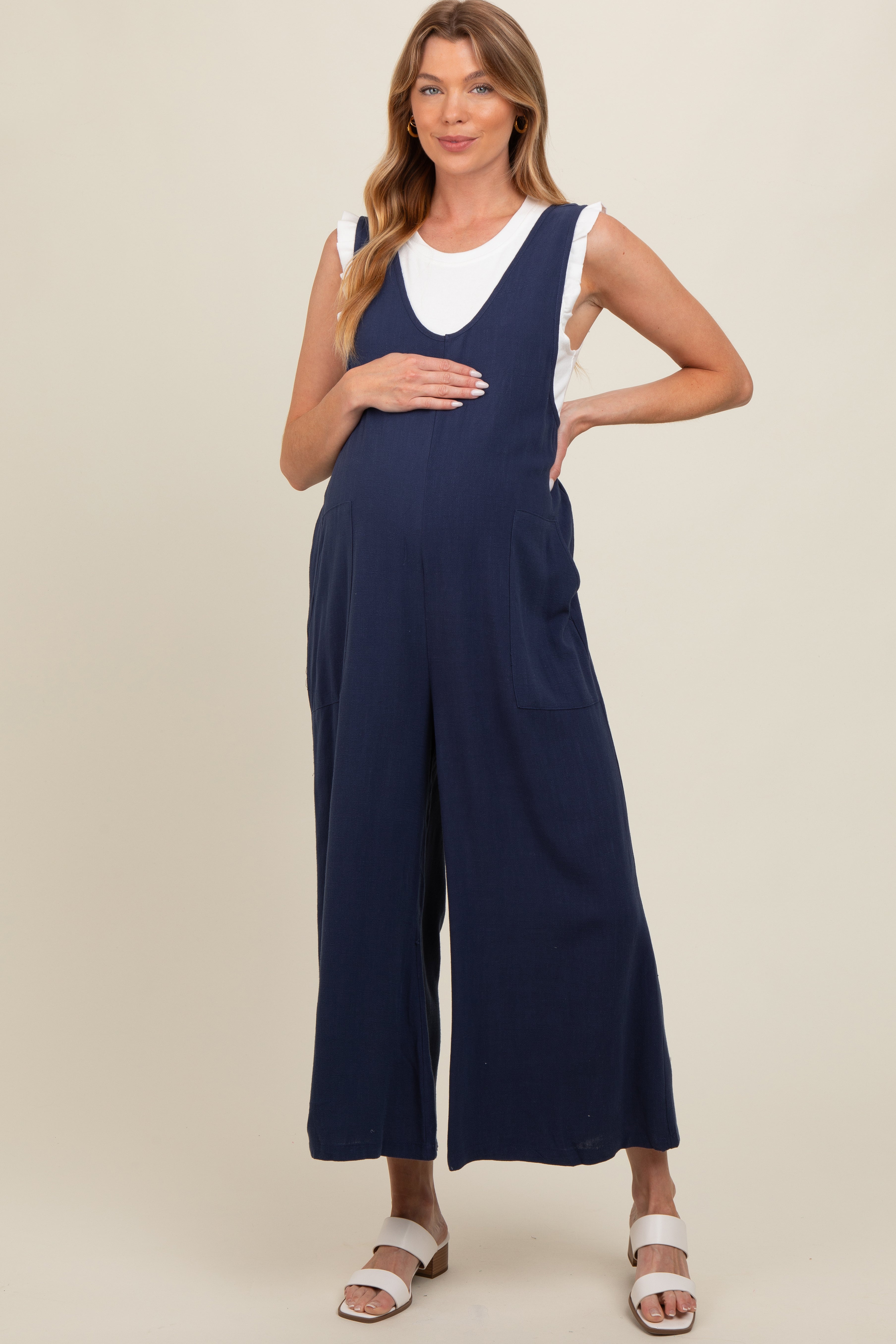 Image of Navy Blue V-Neck Wide Leg Maternity Jumpsuit
