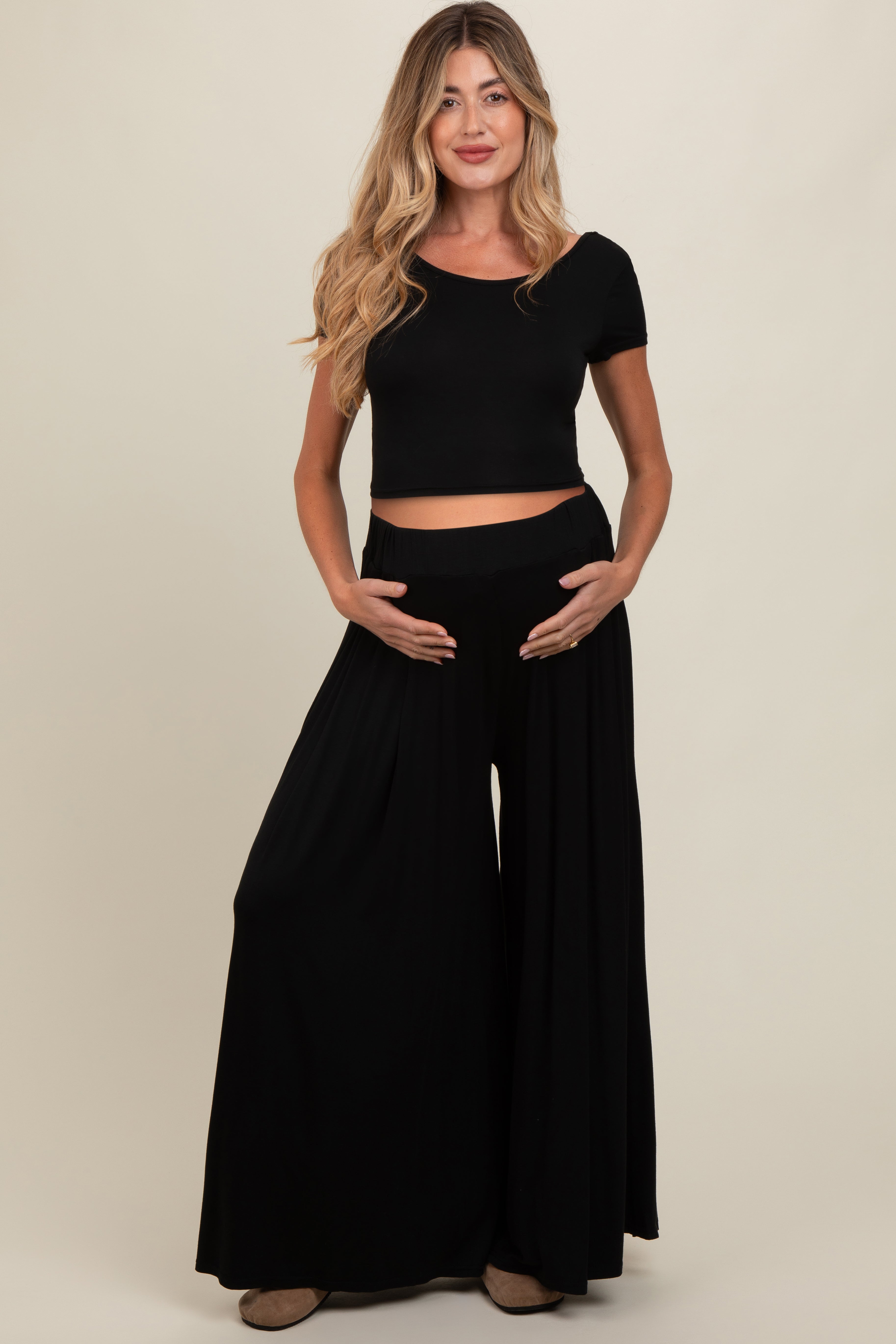 Image of Black Crop Top and Wide Leg Pant Maternity Set