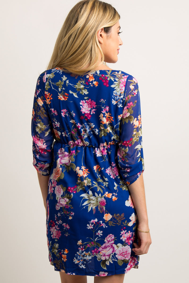Royal Blue Floral 3/4 Sleeve Chiffon Maternity Dress – PinkBlush