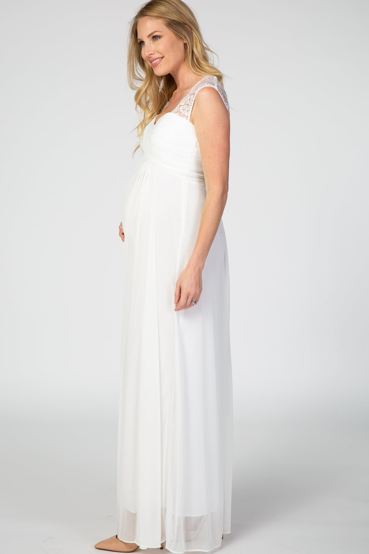 Ivory Lace Accent Chiffon Maternity Evening Gown – PinkBlush