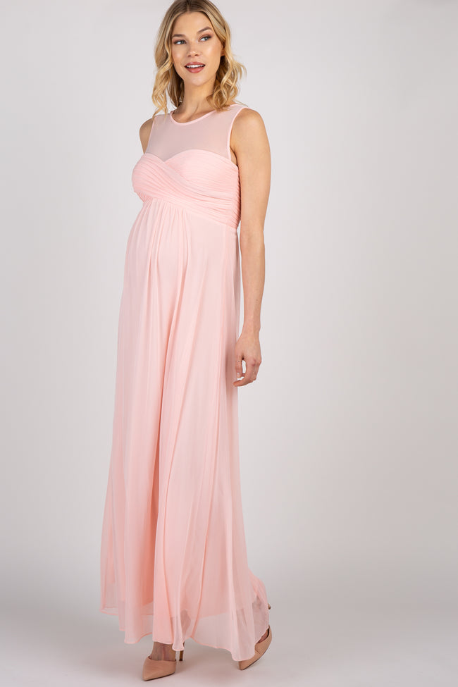 Light Pink Mesh Neckline Ruched Bust Maternity Evening Gown – PinkBlush