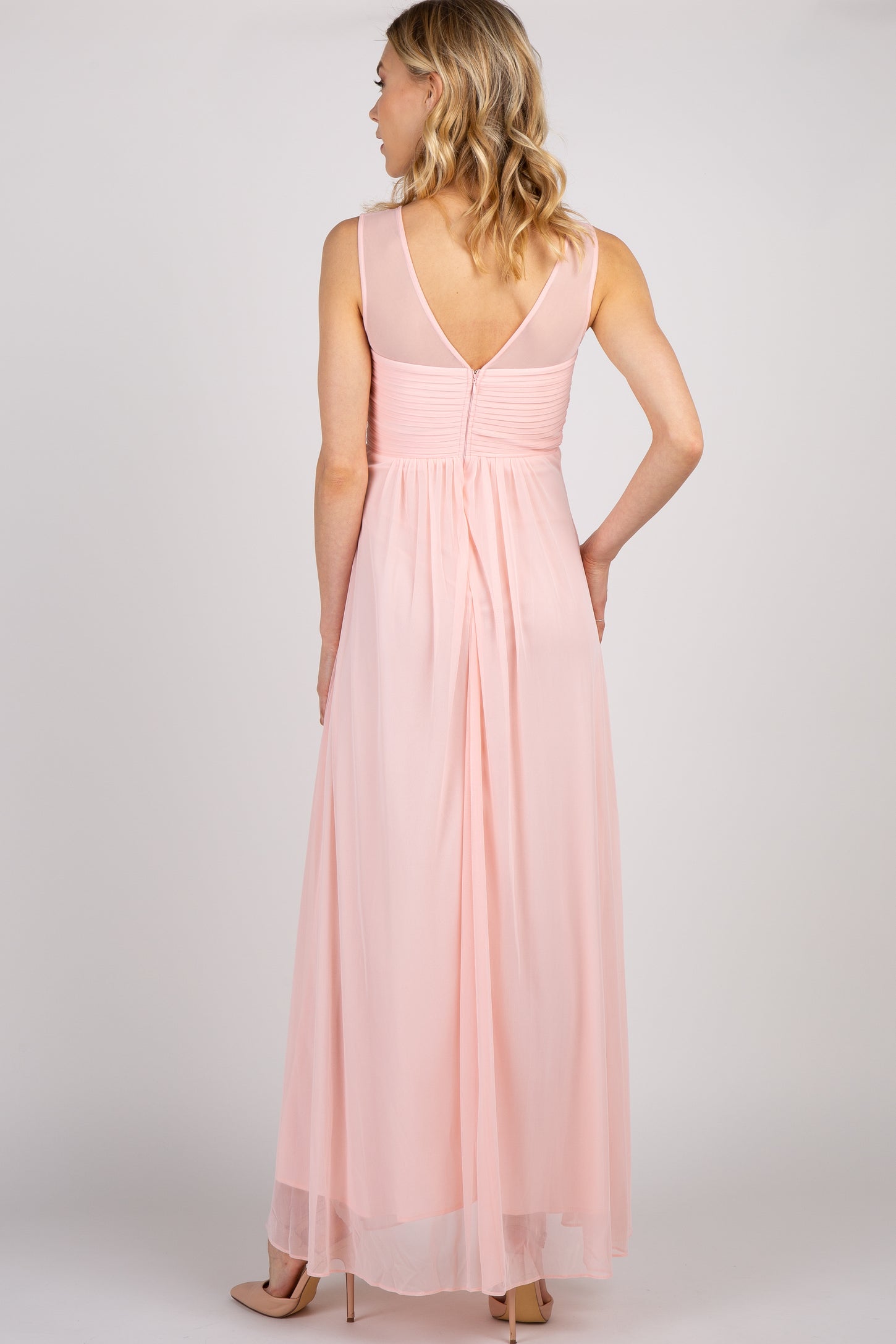 Light Pink Mesh Neckline Ruched Bust Maternity Evening Gown Pinkblush 