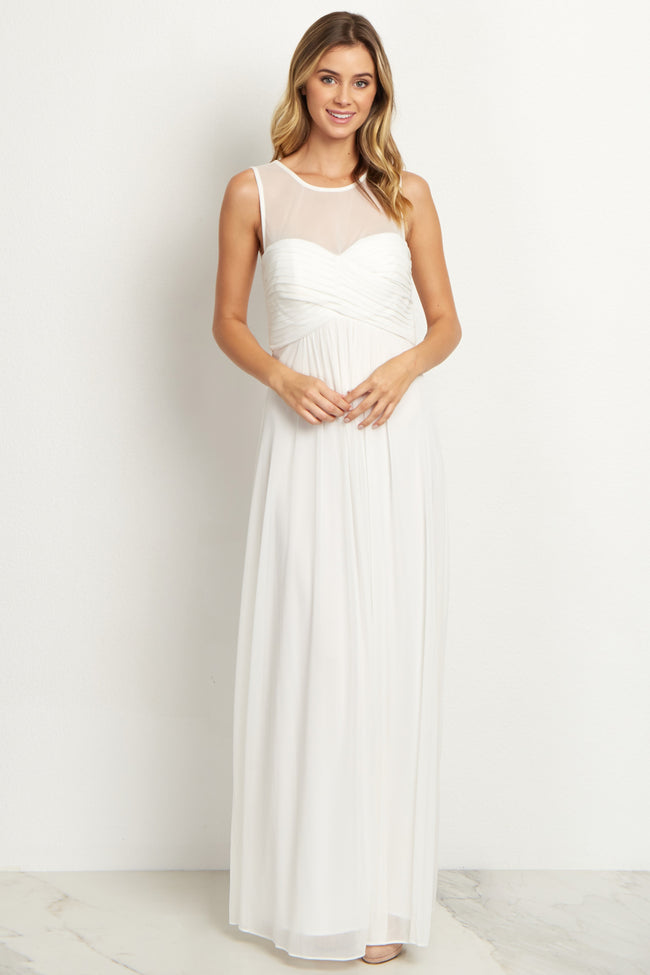 Ivory Mesh Neckline Ruched Bust Maternity Evening Gown Pinkblush 