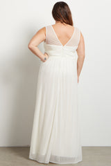 Ivory Mesh Neckline Ruched Bust Plus Maternity Evening Gown
