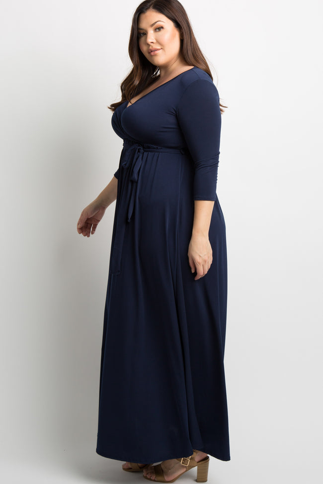 PinkBlush Navy Blue Sash Tie Wrap Plus Maxi Dress