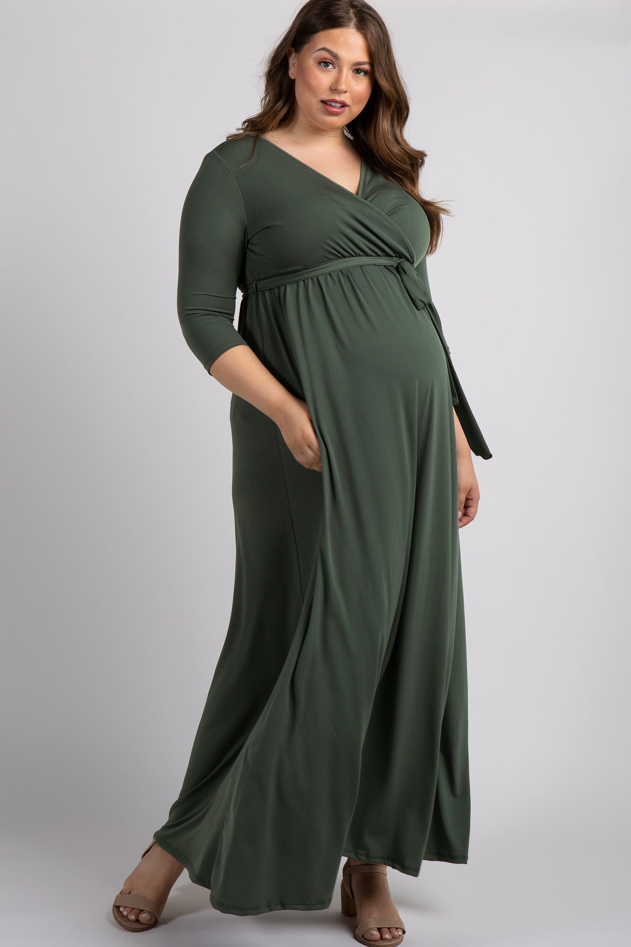 PinkBlush Olive Sash Tie Wrap Plus Maternity Maxi Dress