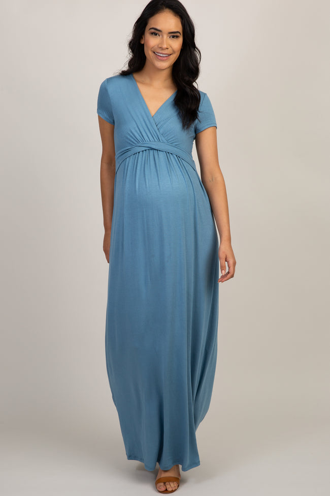 PinkBlush Petite Blue Draped Maternity/Nursing Maxi Dress