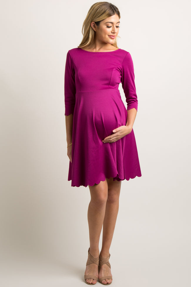 Magenta Solid Scalloped Hem Maternity Dress Pinkblush 