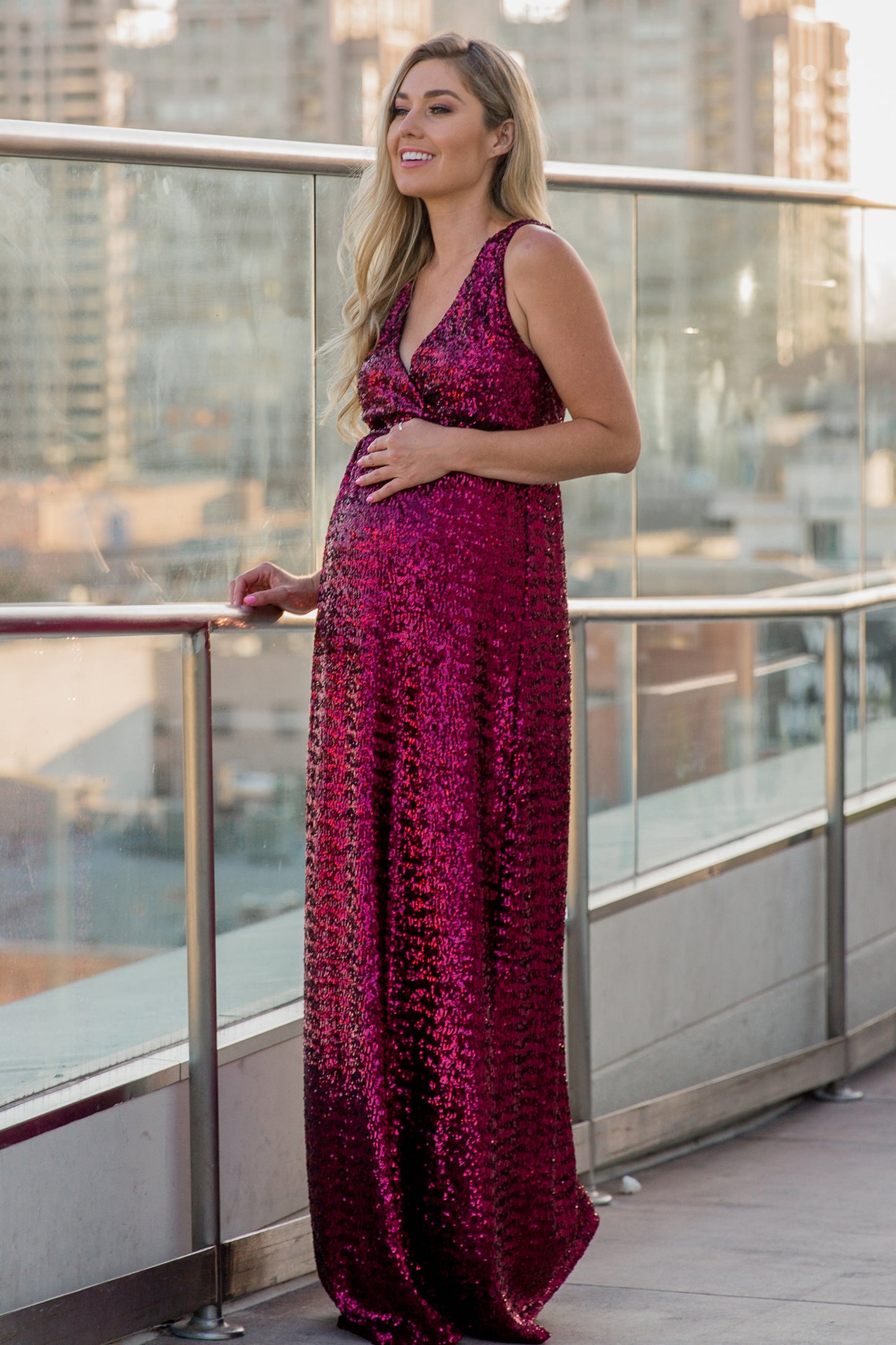 Pinkblush Burgundy Sequin V Neck Sleeveless Maternity Evening Gown 