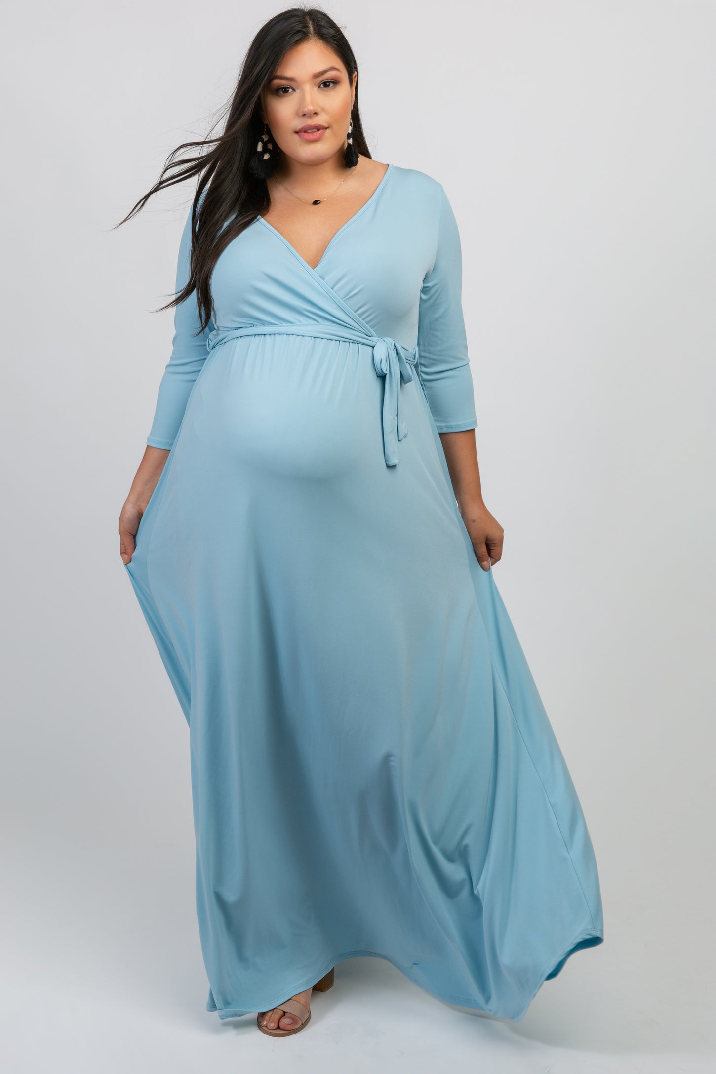 Light Blue Draped 3/4 Sleeve Plus Maternity Maxi Dress