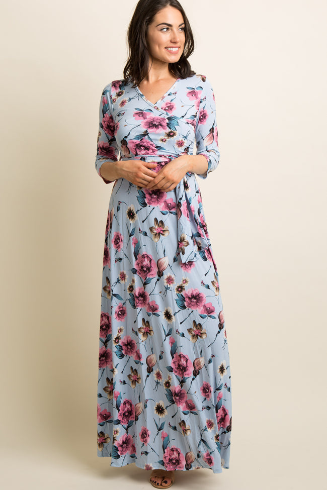 Blue Floral Maternity/Nursing Maxi Wrap Dress – PinkBlush