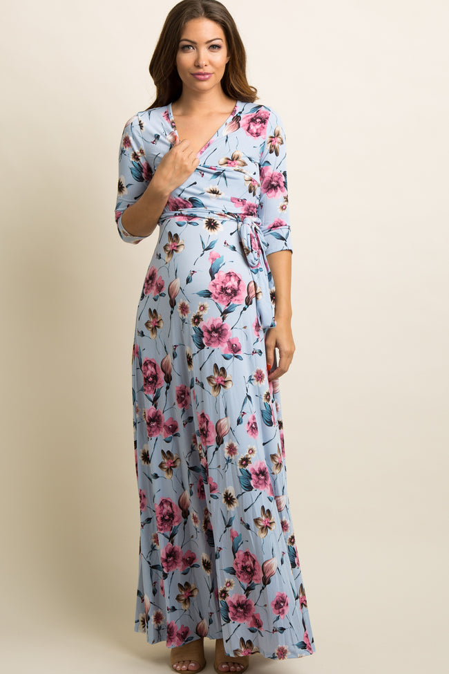 Blue Floral Maternity/Nursing Maxi Wrap Dress – PinkBlush
