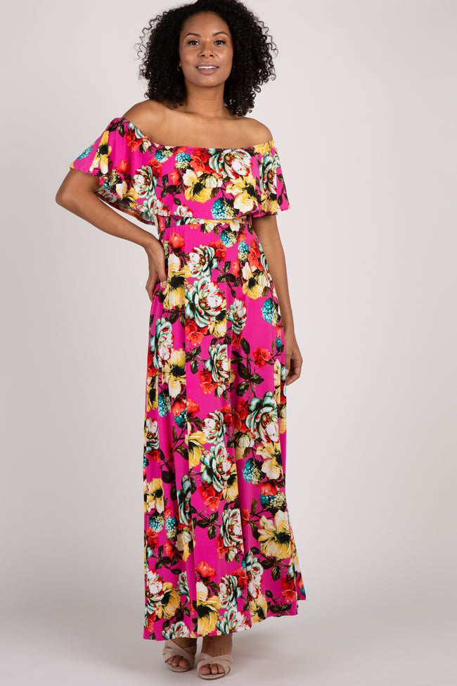 Fuchsia Floral Off Shoulder Maternity Maxi Dress – PinkBlush