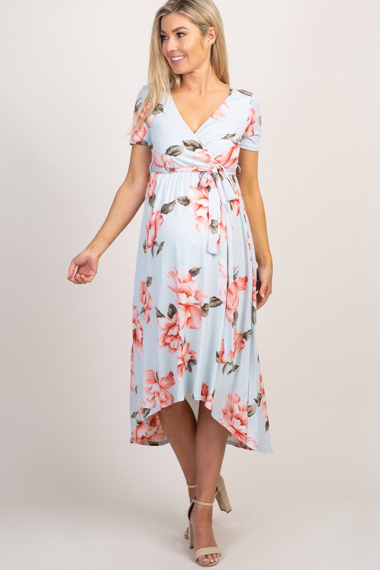 Light Blue Floral Hi-Low Maternity Wrap Dress#R#– PinkBlush