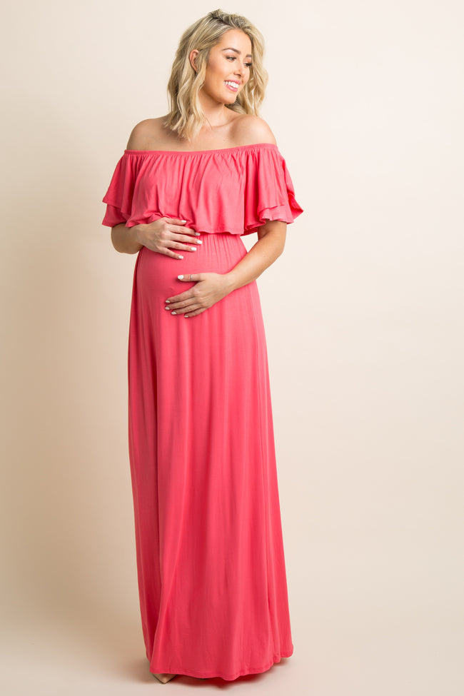 Coral Off Shoulder Ruffle Trim Maternity Maxi Dress – PinkBlush