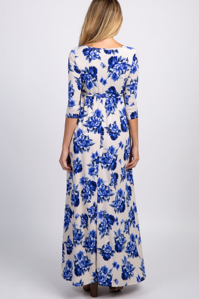 PinkBlush Blue Floral Sash Tie Maternity/Nursing Maxi Dress