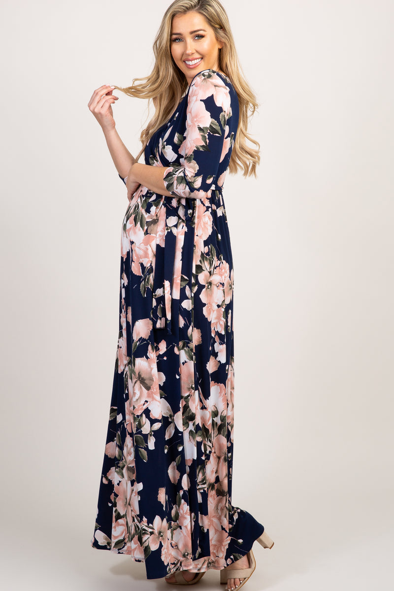 Navy Floral Maternity/Nursing Wrap Maxi Dress – PinkBlush