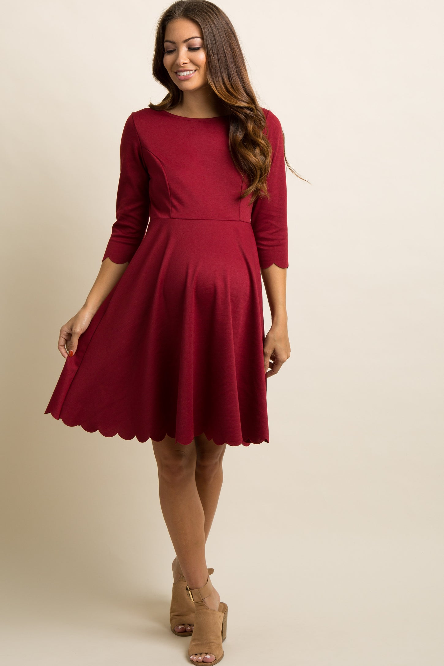 Pinkblush Burgundy Solid Scalloped Hem Maternity Dress 