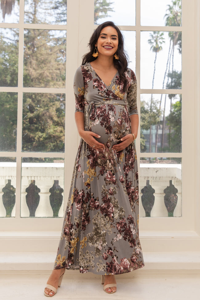 PinkBlush Grey Floral Sash Tie Maternity/Nursing Dress