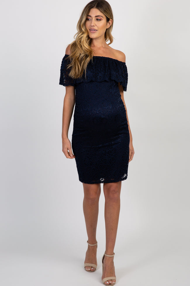 Navy Blue Lace Off Shoulder Fitted Maternity Dress – PinkBlush