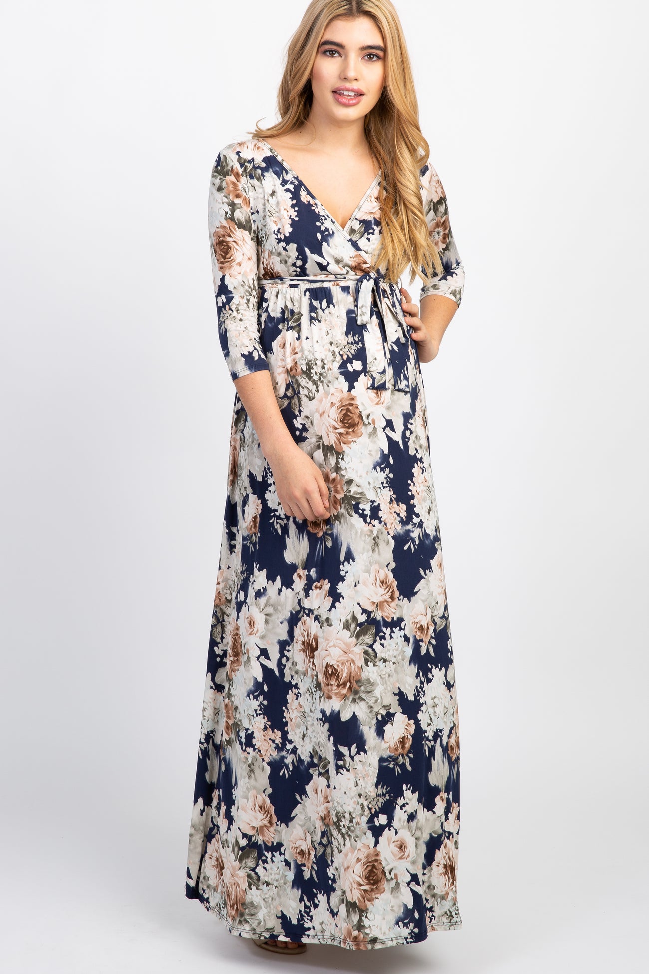 PinkBlush Blue Floral Sash Tie Maternity/Nursing Maxi Dress