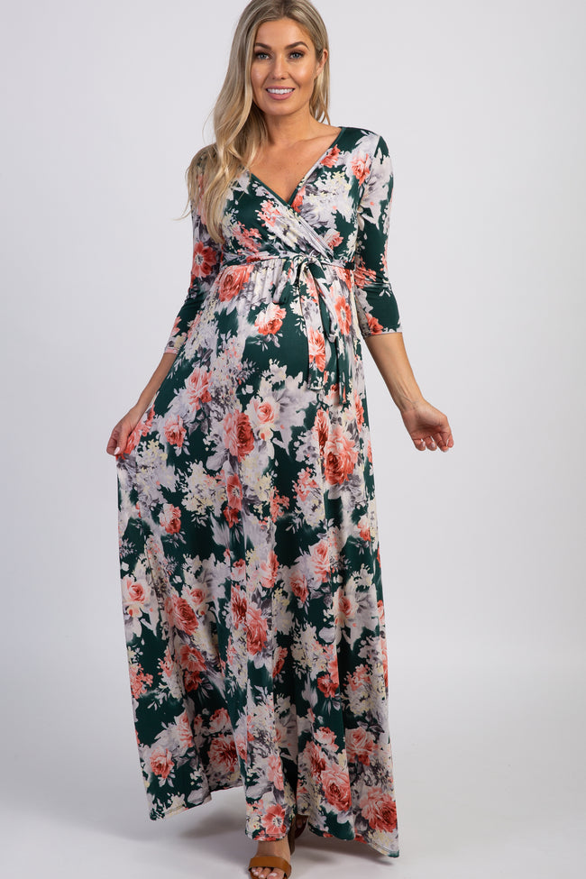 PinkBlush Green Floral Sash Tie Maternity/Nursing Maxi Dress