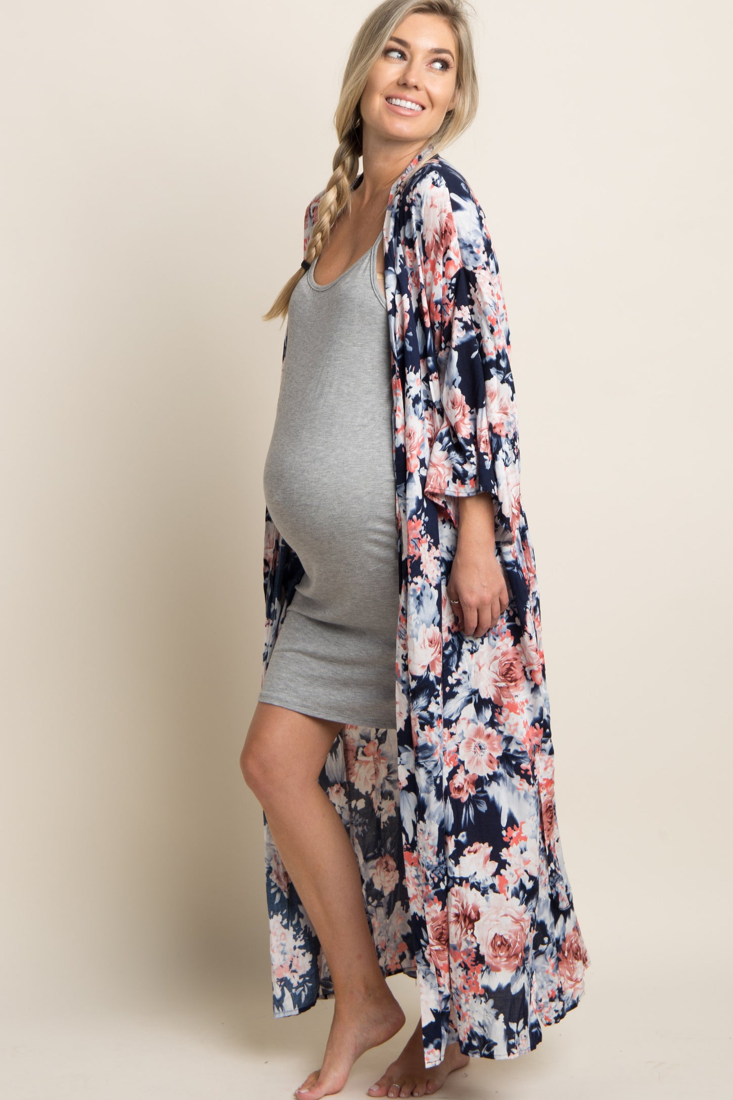 Navy Floral Delivery/Nursing Long Maternity Robe – PinkBlush