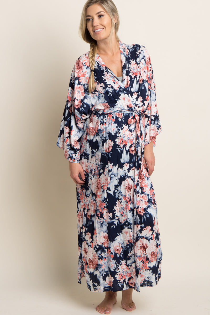 Navy Floral Delivery/Nursing Long Maternity Robe – PinkBlush