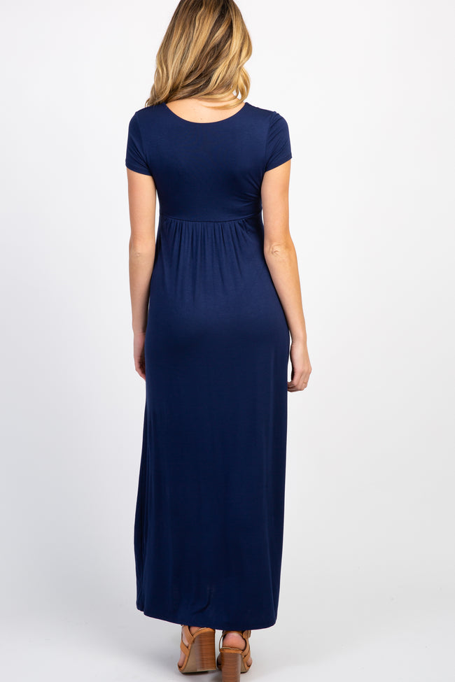 PinkBlush Petite Navy Draped Maternity/Nursing Maxi Dress