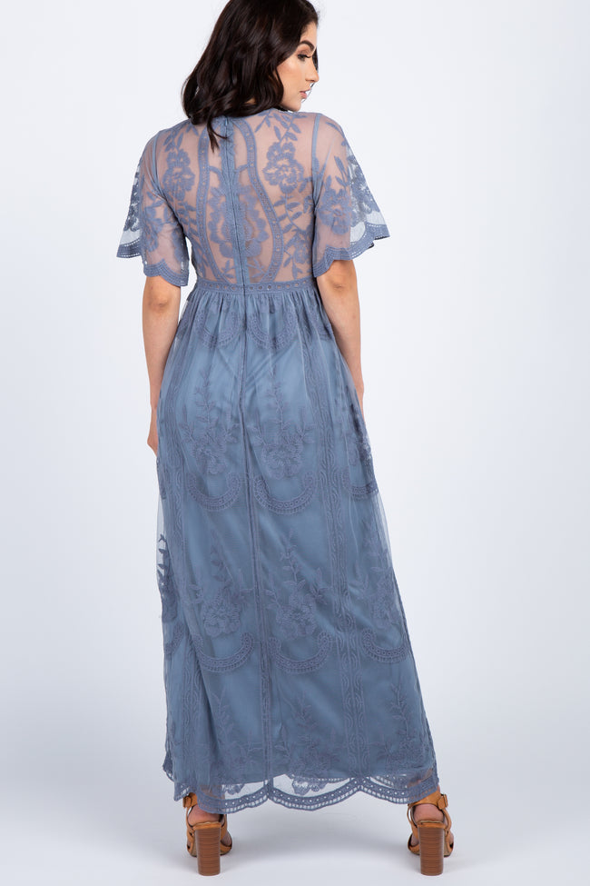 Pinkblush Blue Lace Mesh Overlay Maternity Maxi Dress 