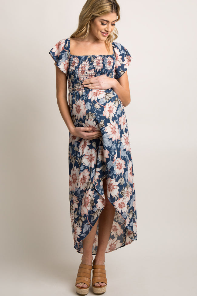 PinkBlush Blue Floral Off Shoulder Smocked Wrap Maternity Dress