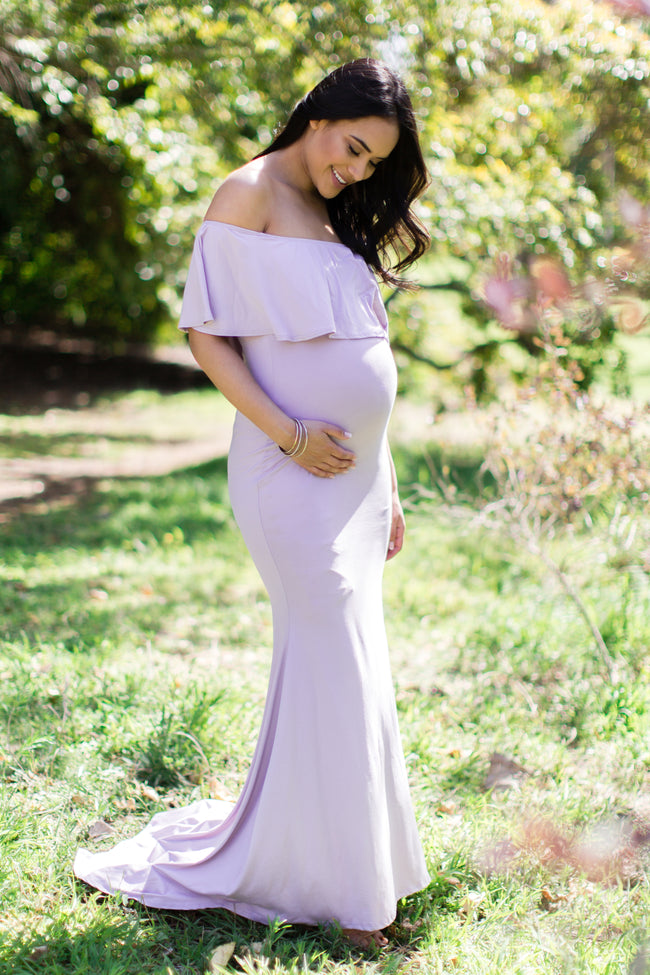 PinkBlush Lavender Ruffle Off Shoulder Mermaid Maternity Photoshoot Go