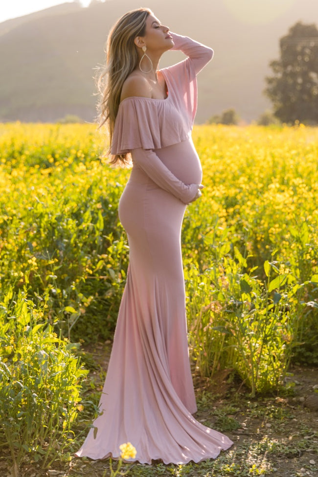 Pinkblush Mauve Off Shoulder Ruffle Maternity Photoshoot Gowndress 