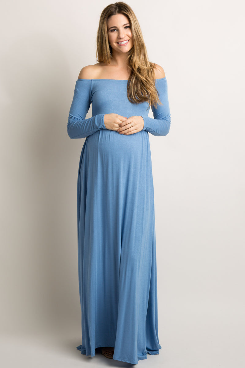 PinkBlush Blue Solid Off Shoulder Maternity Maxi Dress