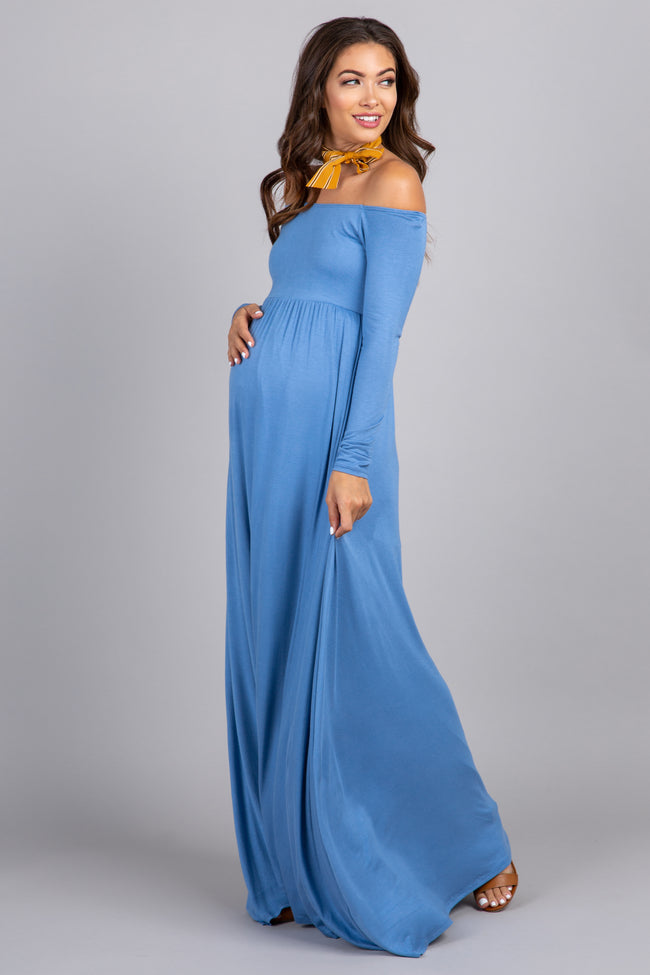 blue off shoulder long dress