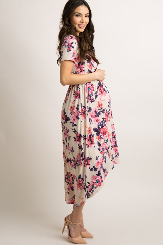 Ivory Floral Hi-Low Maternity Midi Dress#R#– PinkBlush