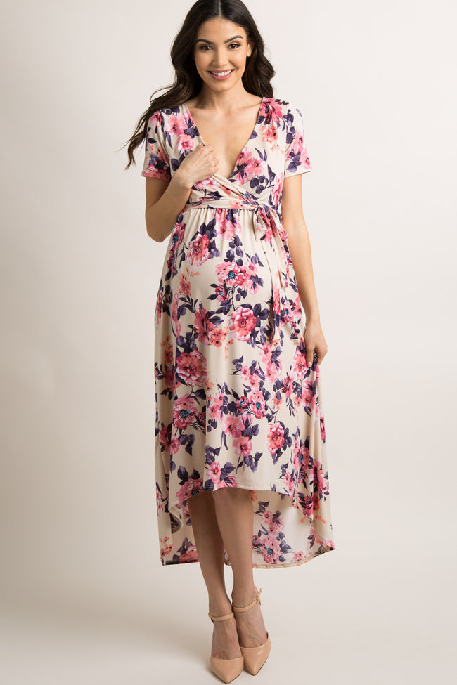 Ivory Floral Hi-Low Maternity Midi Dress#R#– PinkBlush