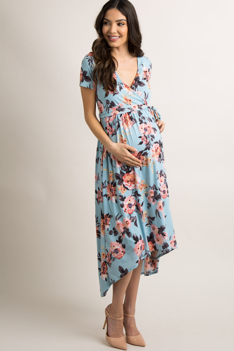 Light Blue Floral Hi-Low Maternity Midi Dress – PinkBlush